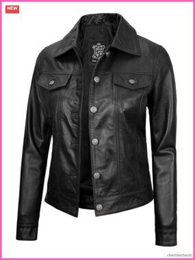 Real Lambskin Leather Trucker Jacket Women Button Closure Regular Fit